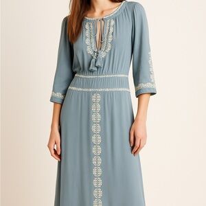 Tory Burch 100% Silk Blue Embroidered Maxi Dress